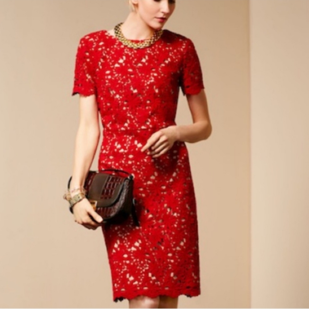 Talbots Red and Tan Floral Lace Overlay Midi Pencil Dress